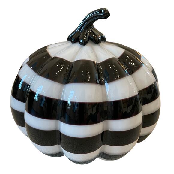 Christian Siriano Hand Blown Art Glass Pumpkin White Black Stripe Swirl 9x8 NEW - Picture 6 of 15